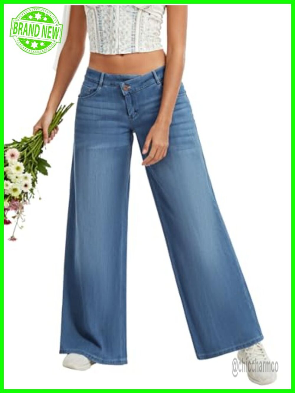 AIMILIA Women's Low Rise Wide Leg Jeans Boyfriend Baggy Stretch Denim Pants